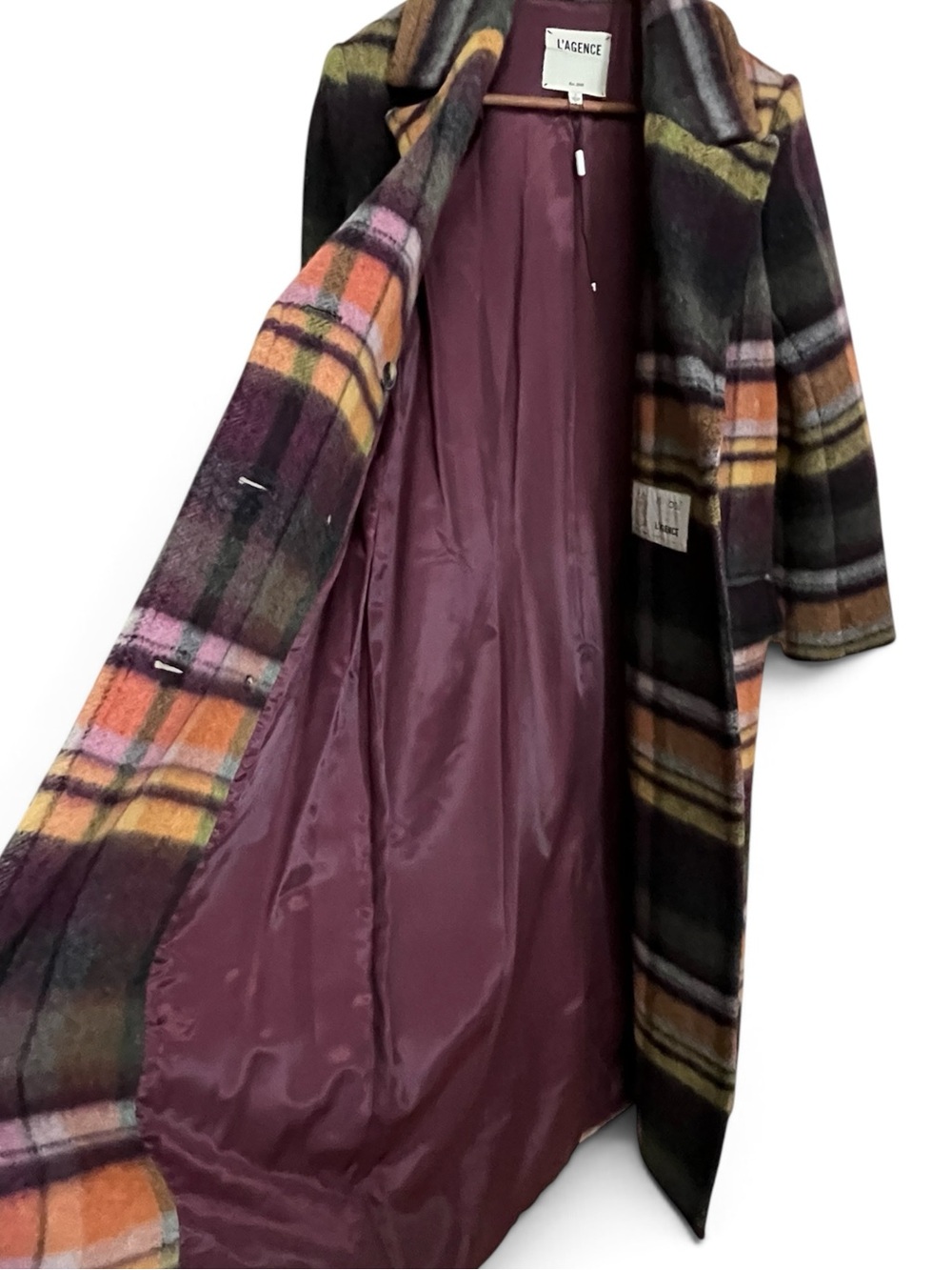 🔴SALE🔴 L'AGENCE Olina Plaid Wool Trench Coat Belted Double Breasted Italian - Picture 8 of 14